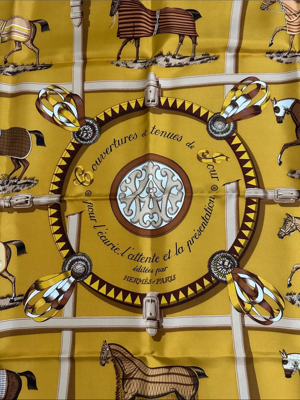 Hermès Paris Gold & Brown Equestrian Silk Scarf - Picture 2 of 10